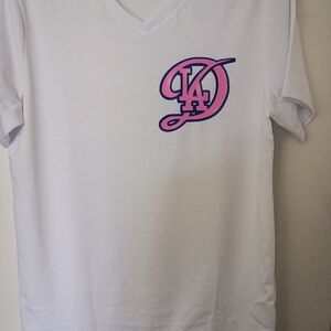 White V-neck with Pink and Blue Los Angeles Dodgers Logo